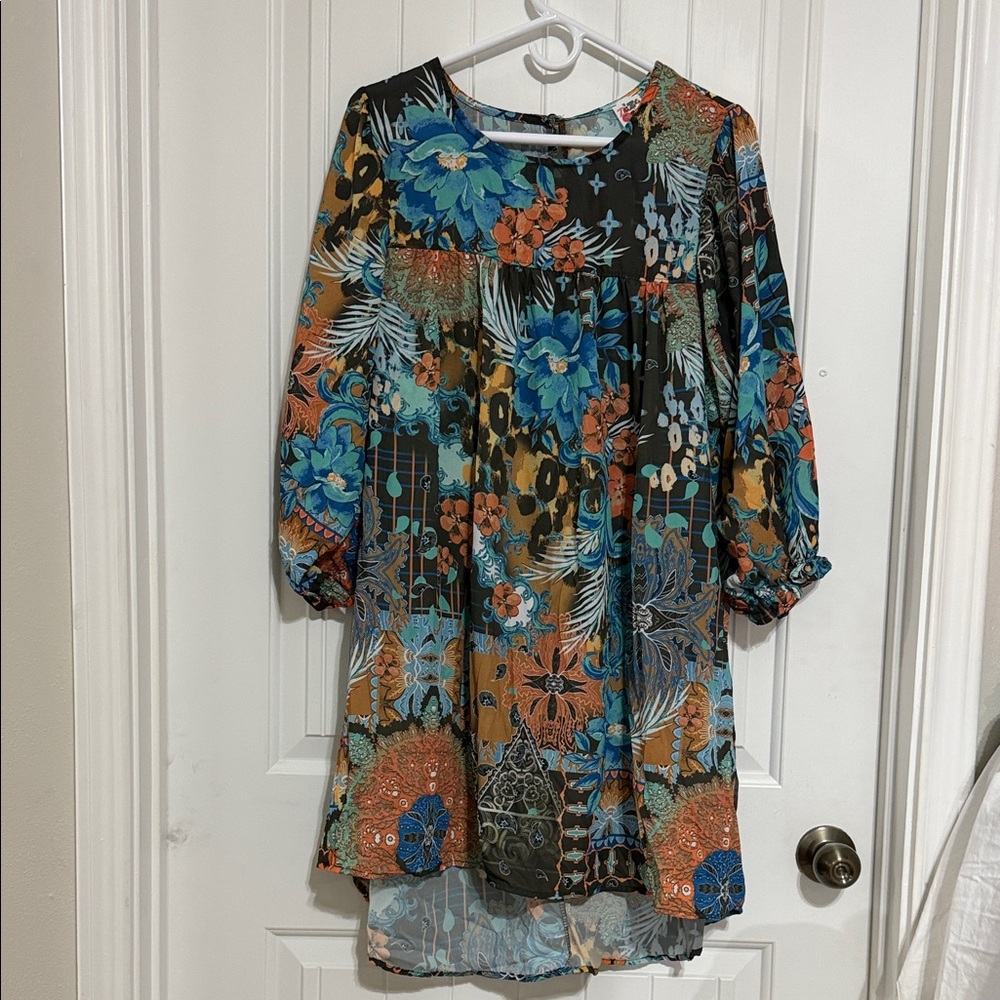 High-Low Floral Patchwork Dress in Teal & Rust